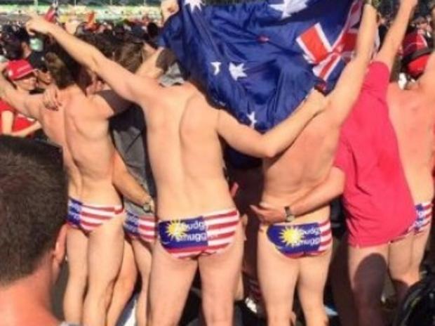 Twitter pic - Australian F1 fans pictured in their budgy smugglers at the Malaysian Grand Prix. Picture: Nik Asyraaf ‏@nikasyraaf /Twitter