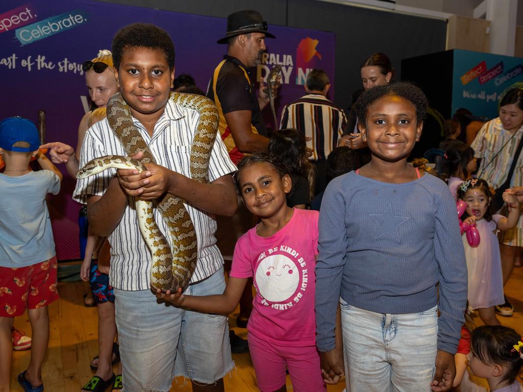 Walter Tabuai, Bubuwam Tabuai and Tia Tabuai at the Festival of Us, held at the Marrara Indoor Stadium on Australia Day, January 26, 2025. Picture: Pema Tamang Pakhrin