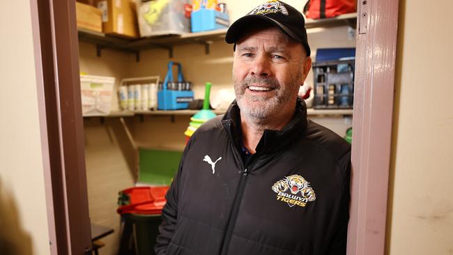 Former Sydney Swans and Western Bulldogs coach Rodney Eade sits in the property room at the Balwyn Tigers football club where Rodney now coaches. Picture: Michael Klein