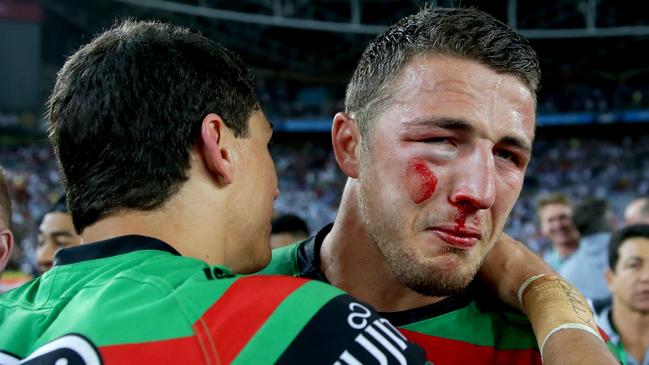 Sam Burgess in tears as he hugs Alex Johnston after winning the 2014 NRL Grand Final between the South Sydney Rabbitohs and the Canterbury Bankstown Bulldogs at ANZ Stadium .Picture Gregg Porteous