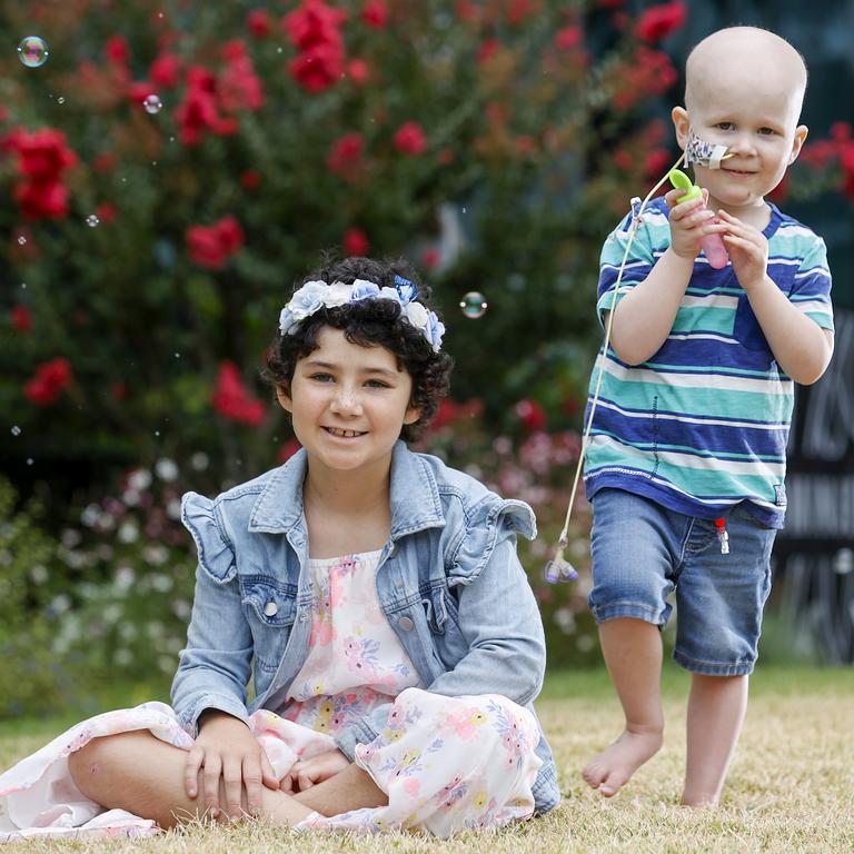 Isla Magann, 8, and Alex Wyatt, 3, are patients at the Royal Children’s Hospital and the faces of the 2022 Good Friday Appeal. Picture: Alex Coppel.