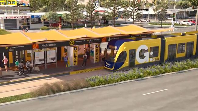 The light rail arriving in Nobby Beach.