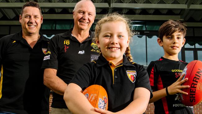 Goodwood Saints Football Club president Craig Scott, Junior Football Director Andrew Braley, Holly, 9, and Harrison, 12. The club has been working on introducing mental health initiatives from juniors all the way to past players. Picture: Morgan Sette