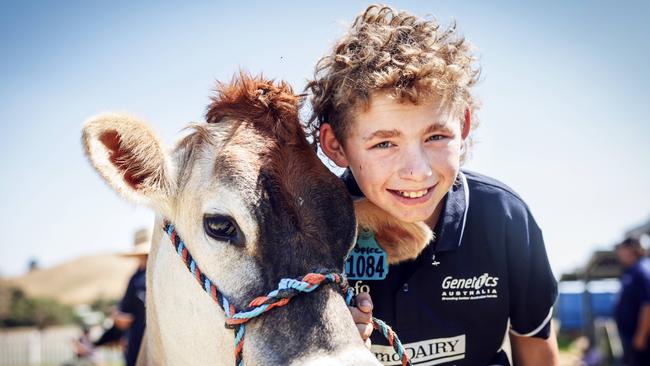 WestVic Dairy camp participant Damian McGuire with bovine buddy Spice Junior. Photo: Nicole Cleary