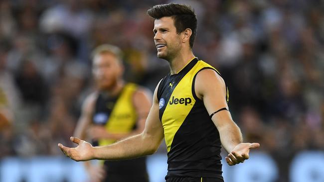 Trent Cotchin reacts after a giving away a 50m penalty. Pic: AAP