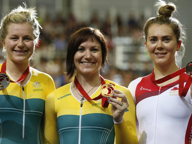 Aussie champs: Anna Meares (centre) wins gold and Stephanie Morton (left) got silver and England's Jess Varnish with her bronze medal. AP Photo/Alastair Grant