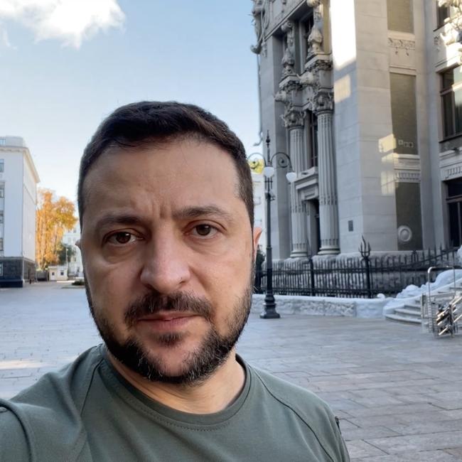 A screen grab taken from a video shared by  Ukrainian Presidency shows Ukrainian President Volodymyr Zelenskyy making statements in the capital Kyiv after Russia's large-scale missile attacks on Monday, Oct. 10. (Photo by Ukrainian Presidency/Handout/Anadolu Agency via Getty Images)