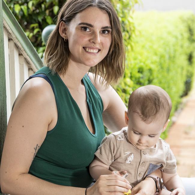 Lennon Starr started a YouTube channel to raise awareness about mental health, pictured with her 12 month old son Sunny Sharp. Picture: Nev Madsen.