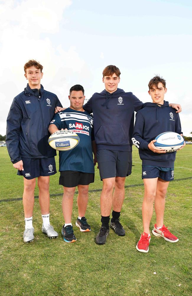 Player mentors Hayden Burnett and Lachie Bishop with their inclusion rugby union stars Elias Bale and Cooper Erickson. Picture: Patrick Woods.