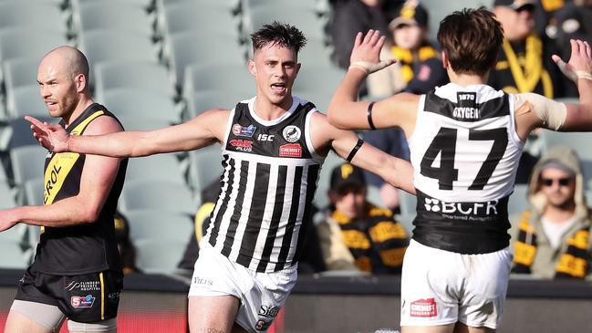 SANFL — Second Semi-Final — Glenelg v Port Adelaide, at Adelaide Oval. Aidyn Johnson celebrates his goal with Tobin Cox. Picture SARAH REED