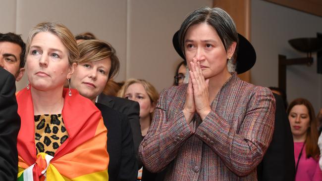 Senator Penny Wong waits to hear the result of the postal survey. Picture: AAP/Dean Lewins