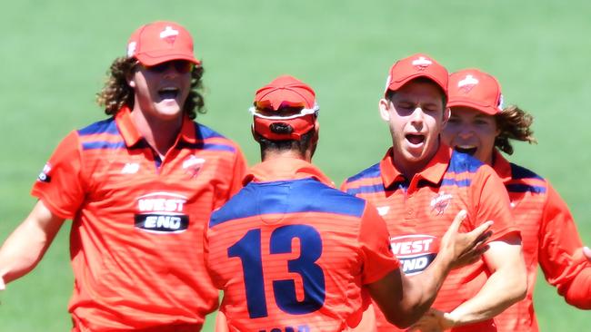 The Kelly brothers (back) celebrate Henry Hunt’s run out of Marnus Labuschagne. Picture: Mark Brake