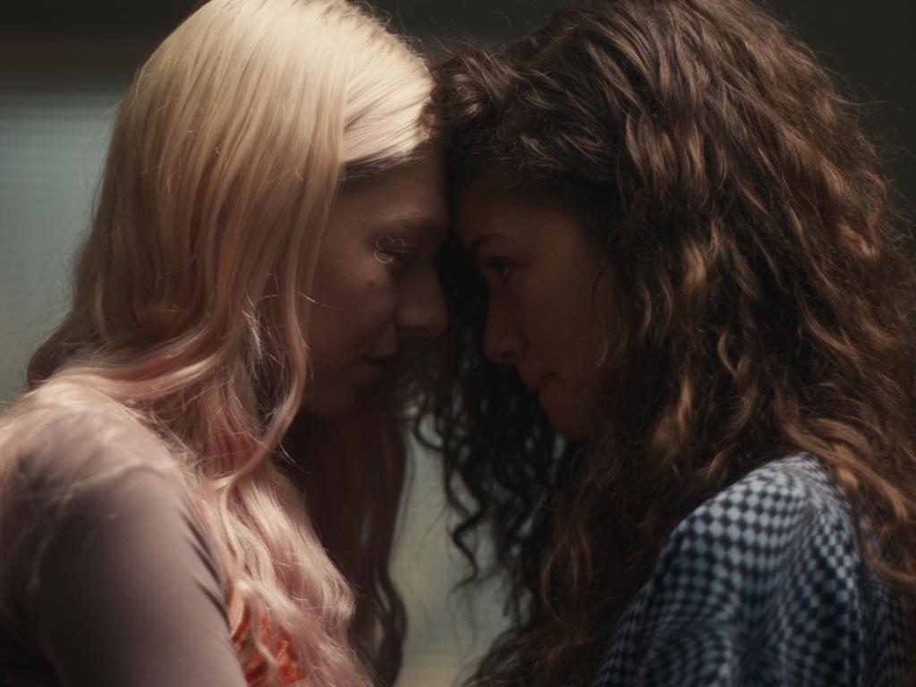 Hunter Schafer and Zendaya in a scene from Euphoria.