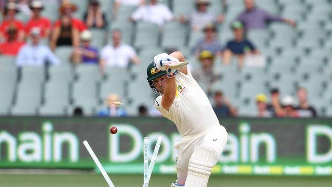 Aaron Finch of Australia is bowled by iIshant Sharma of India during day two of the first Test match between Australia and India at the Adelaide Oval in Adelaide, Friday, December 7, 2018. (AAP Image/David Mariuz) NO ARCHIVING, EDITORIAL USE ONLY, IMAGES TO BE USED FOR NEWS REPORTING PURPOSES ONLY, NO COMMERCIAL USE WHATSOEVER, NO USE IN BOOKS WITHOUT PRIOR WRITTEN CONSENT FROM AAP