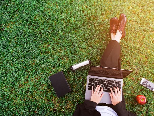 a girl in the Park sitting on the grass and working on a laptop, a woman's hands on the keyboard. Near mobile phone, Apple, notebook. credit: Getty Imagesescape2 may 2021doc holiday