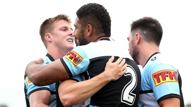 Cronulla’s Nene MacDonald celebrates a try during a recent trial match.