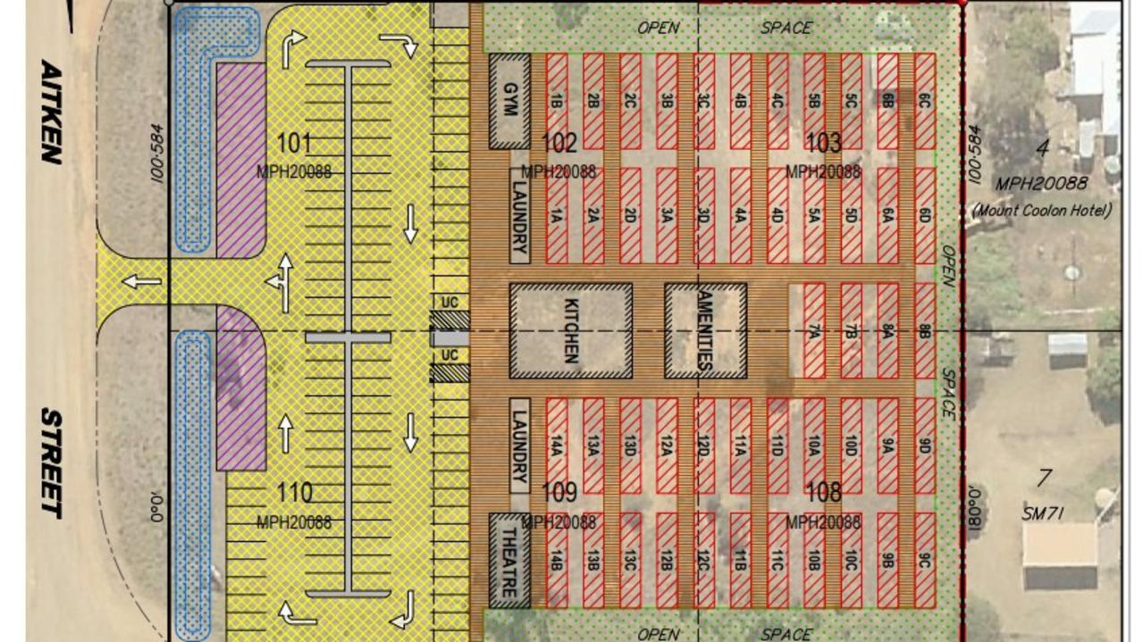 The proposed accommodation includes 48 demountable buildings set up across six lots on Barclay and Mill St, next to the Mount Coolon hotel. Picture: Supplied