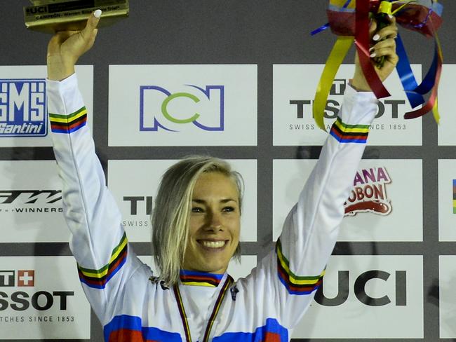 Caroline Buchanan of Australia celebrates after winning a gold medal in the Elite Womens Time Trial Race