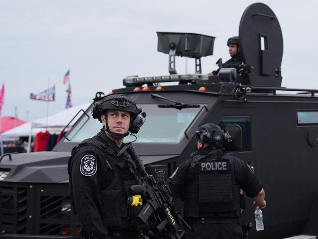 Police stand guard before a campaign rally by former US President and Republican presidential candidate Donald Trump. Picture: AFP