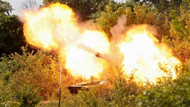 A self-propelled howitzer 2S1 Gvozdika fires a leaflet shell full of Russian propaganda at Severodonetsk. Picture: Reuters