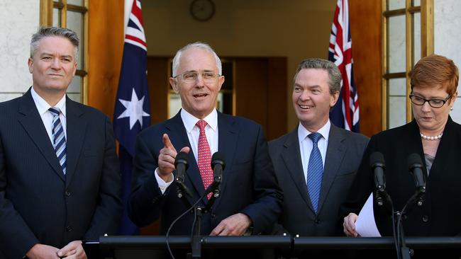 Finance Minister Mathias Cormann, PM Minister Malcolm Turnbull, Minister for Defence Industry Christopher Pyne and Minister for Defence Marise Payne at a press conference in the Prime Ministers Courtyard at Parliament House in Canberra. Picture Kym Smith