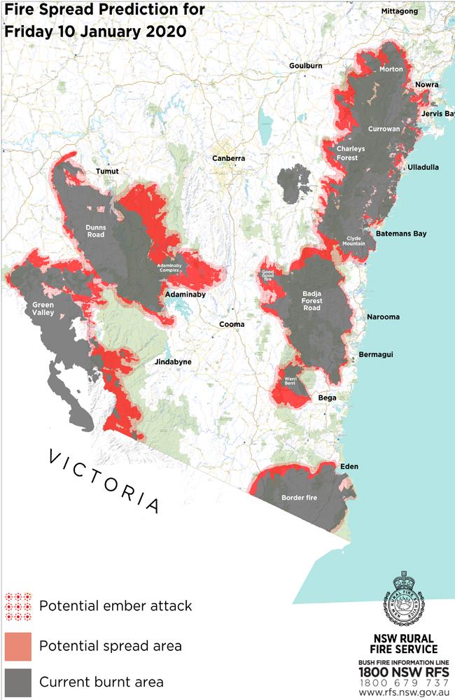 NSW fire spread predictions for Friday, January 10.