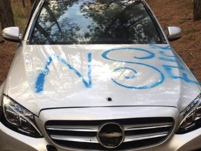 A vandalised luxury car that was captioned with “Unlucky bud, make sure you lock up the next one”. Picture: Instagram