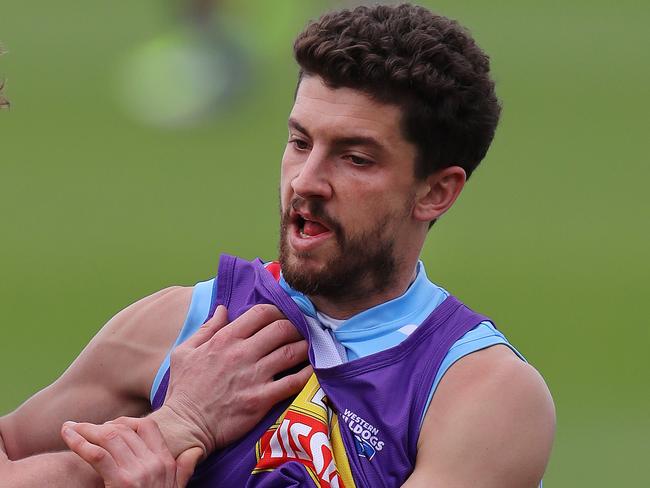 Western Bulldogs training at whiten Oval. Tom Liberatore wrestles with Liam Picken at training today  . Pic: Michael Klein