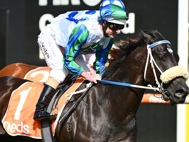 MELBOURNE, AUSTRALIA - SEPTEMBER 23: Luke Nolen riding I Wish I Win gallops alongside Boogie Dancer in between races during Melbourne Racing at Caulfield Racecourse on September 23, 2023 in Melbourne, Australia. (Photo by Vince Caligiuri/Getty Images)