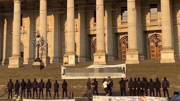 A group of neo-Nazis stage an anti-Semitic protest outside state parliament last Friday. Picture: Supplied