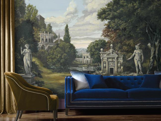 Laurence’s wallpaper range includes Ginterlude (above), which draws on his love of the Renaissance and gin — hence the name.