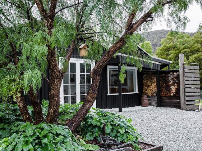 The inviting guest house at Cloud River Farm, Cygnet, which was formerly a picker’s hut. Picture: Naomi Sherman.