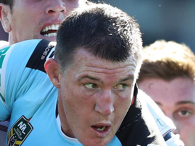 Cronulla's Paul Gallen flicks a pass to set up a try for Cronulla's Wade Graham during the Cronulla v Manly NRL match at Southern Cross Group Stadium, Cronulla. Picture: Brett Costello