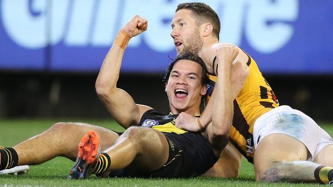 Richmond's Daniel Rioli celebrates his goal in the first quarter of the qualifying final against Hawthorn in September. Picture: Michael Klein