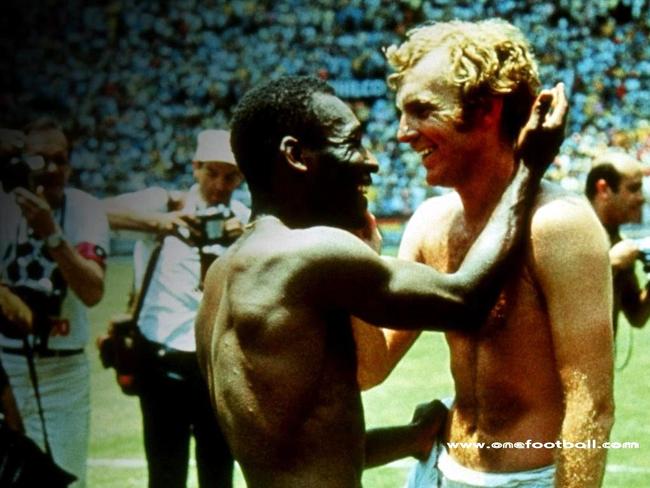 Pele (L) & Bobby Moore after Brazil defeated England in group game of 1970 World Cup Finals.