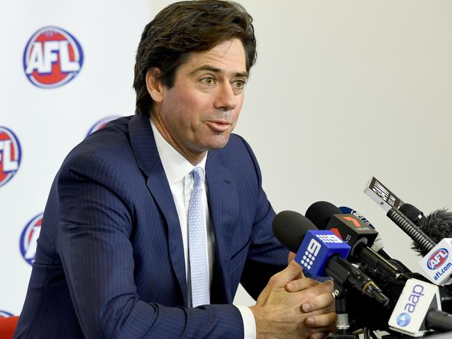 AFL Chief Executive Gillon McLachlan speaks during a press conference at AFL headquarters in Melbourne. Picture: AAP Image/Joe Castro