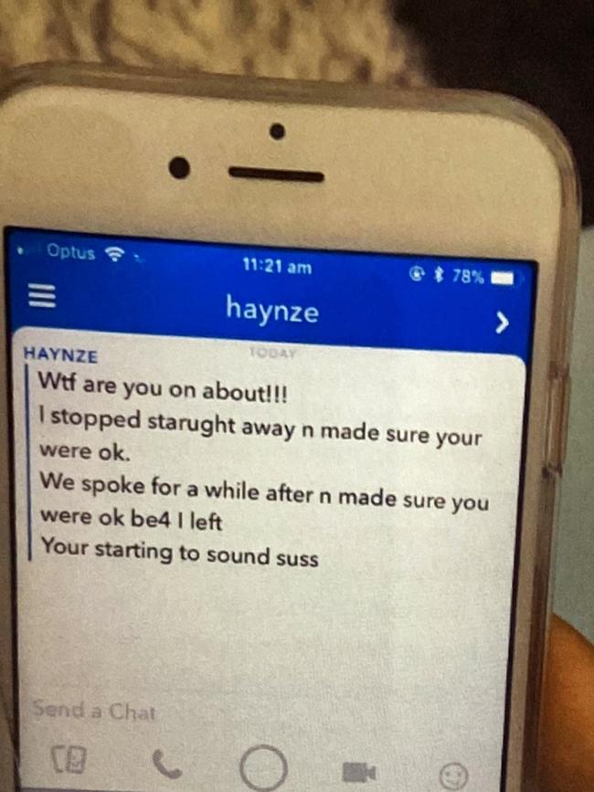 Snapchat messages sent between Jarryd Hayne following the assault. Pictures: Supplied.