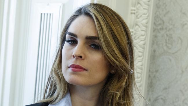 In this Feb. 9, 2018 photo, White House Communications Director Hope Hicks is shown during a meeting in the Oval Office between President Donald Trump and Shane Bouvet, in Washington. Hicks is scheduled to meet with the House intelligence committee Tuesday for a closed-door interview as part of the panel's Russia investigation. (AP Photo/Evan Vucci)