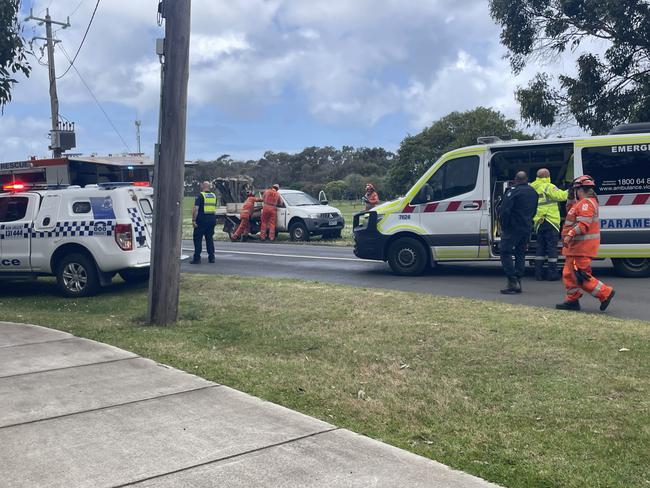 Police, paramedics and SES on scene of the incident at Cowes-Rhyll Rd. Picture: Jack Colantuono