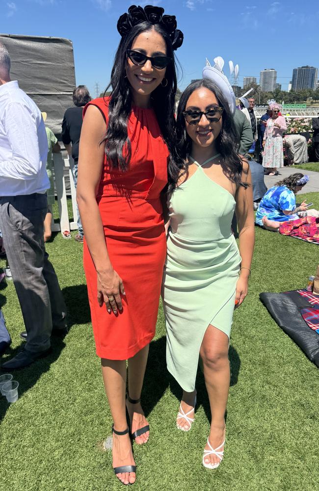 Sylvia Gorgy and Madonna Bekhit at the Melbourne Cup at Flemington Racecourse on November 5, 2024. Picture: Phillippa Butt