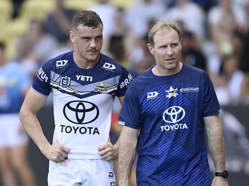 Zac Laybutt of the Cowboys comes from the field with a knee injury. Picture: Ian Hitchcock/Getty Images