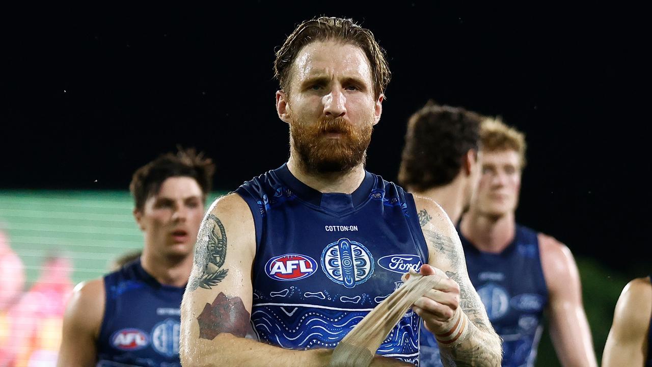 DARWIN, AUSTRALIA - MAY 16: Zach Tuohy of the Cats looks dejected after a loss during the 2024 AFL Round 10 match between The Gold Coast SUNS and The Geelong Cats at TIO Stadium on May 16, 2024 in Darwin, Australia. (Photo by Michael Willson/AFL Photos via Getty Images)