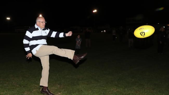 Scott Morrison at the Bridgenorth Football Club where he kicked a footy with a few locals. Picture: Gary Ramage