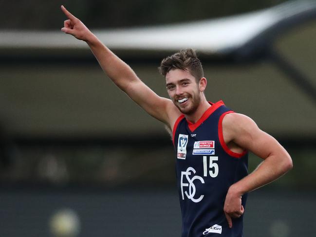 Kyle Dunkley of Casey celebrates after kicking a goal during the round 10 VFL match in 2019. Photo by Scott Barbour/AFL Photos/Getty Images