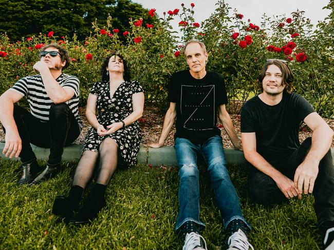 Brisbane alternative rock band Screamfeeder, whose 30-year career was the subject of a 2024 documentary titled 'The Ending Goes Forever'. L-R:  Phil Usher, Kellie Lloyd, Tim Steward and Darek Mudge. Picture: Will Johnson