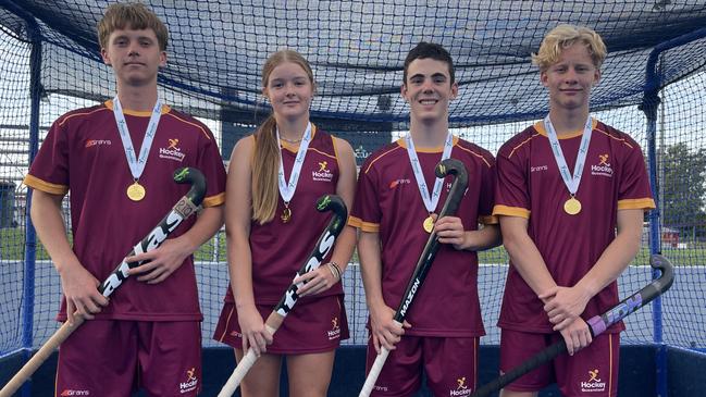 Townsville under-15 hockey players (left to right) Finn O’Neill, Chloe Bourke, Luke Bartolo and Kyle Bullen all won gold at the 2023 Australian U15 Hockey Championships in Darwin. Picture: Patrick Woods.