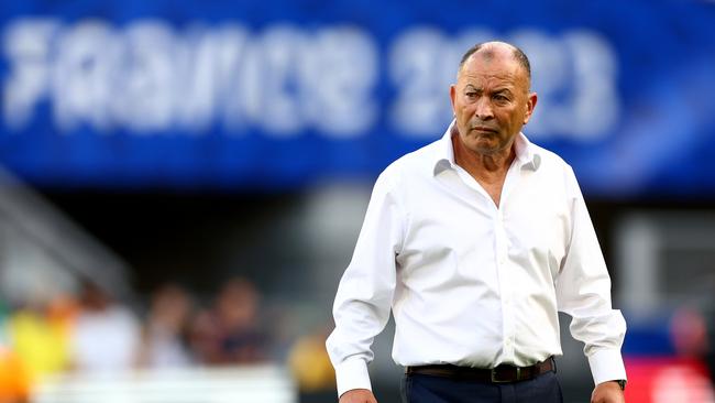 SAINT-ETIENNE, FRANCE - OCTOBER 01: Eddie Jones, Head Coach of Australia, looks on during the warm up prior to the Rugby World Cup France 2023 match between Australia and Portugal at Stade Geoffroy-Guichard on October 01, 2023 in Saint-Etienne, France. (Photo by Chris Hyde/Getty Images)