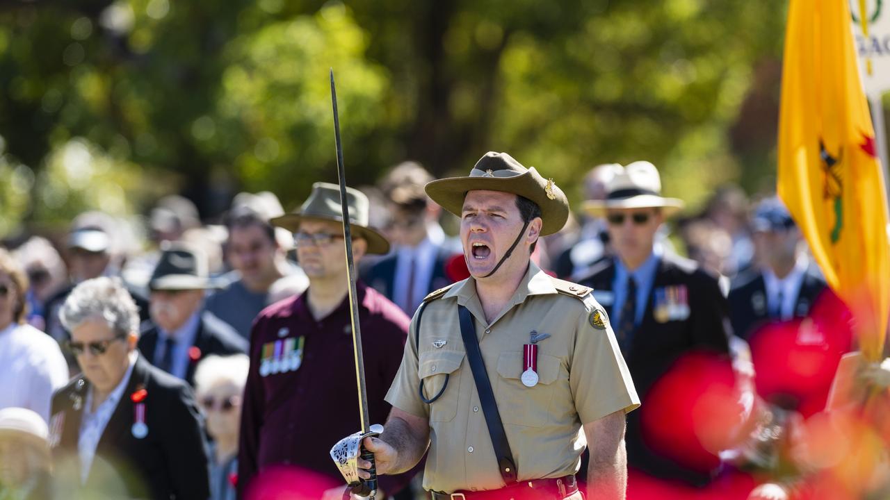 Anzac Day Toowoomba mid-morning Service of Remembrance parade master Major Tirrell Morris at the Mothers' Memorial, Tuesday, April 25, 2023. Picture: Kevin Farmer