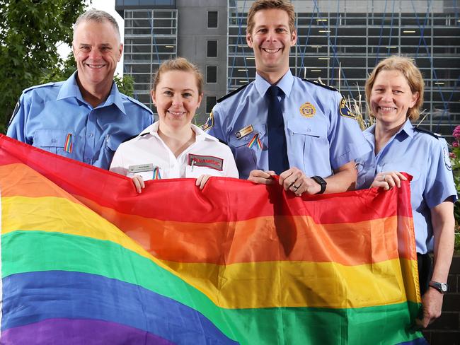 L-R Kym Manten (Manten) of Tasmania Fire Service, Anna Ekdahl of Ambulance Tasmania, Inspector Robert Blackwood of Tasmania Police, Cheryl Ames of Tasmanian State Emergency Service. Emergency Service members will participate in the Pride March as part of the TasPride Festival. Picture: NIKKI DAVIS-JONES