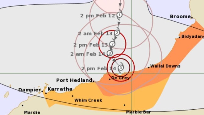 The Bureau of Meterology confirmed a large tropical cyclone is set to form “earlier than expected” and smash the West Australian coastline by early Wednesday morning. The storm is currently located to the northwest of Broome and is expected to intensify over the next two days while potentially crossing the east Pilbara or west Kimberly coast as a severe tropical cyclone. Picture: BOM